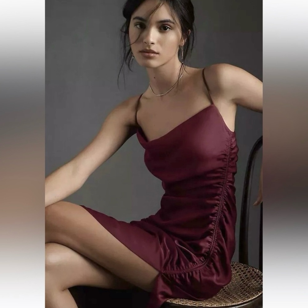 BHLDN Jennings Ruched Side Slit Satin Charmeuse Dress NEW Size 6 Dark Berry